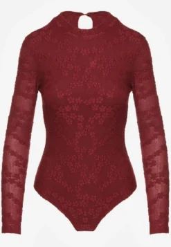 Bordowe Body Longsleeve z Koronki z Bawełną Zenisesa