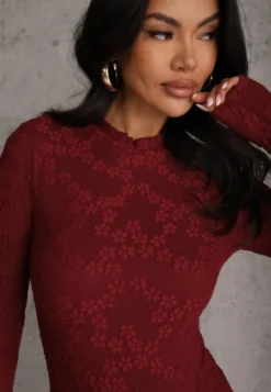 Bordowe Body Longsleeve z Koronki z Bawełną Zenisesa