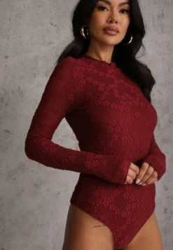 Bordowe Body Longsleeve z Koronki z Bawełną Zenisesa