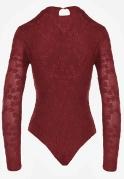 Bordowe Body Longsleeve z Koronki z Bawełną Zenisesa