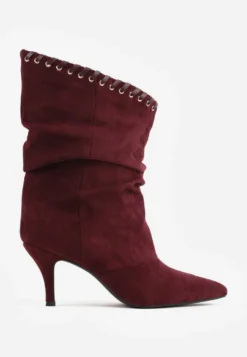 Bordowe Botki Slouchy na Szpilce z Imitacji Zamszu z Ozdobnymi Metalowymi Oczkami Tallie
