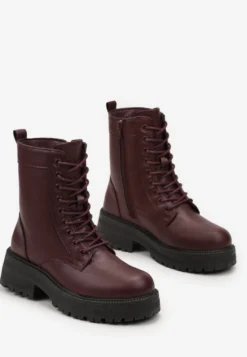 Bordowe Botki Workery na Grubej Podeszwie Fashia
