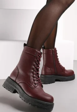 Bordowe Botki Workery na Grubej Podeszwie Fashia