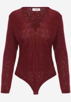 Bordowe Eleganckie Koronkowe Body z Dekoltem w Szpic Vattia