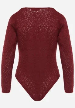Bordowe Eleganckie Koronkowe Body z Dekoltem w Szpic Vattia