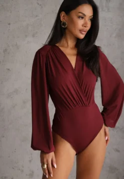 Bordowe Kopertowe Body z Wiskozą z Długimi Rękawami w Stylu Bufek Biscuis