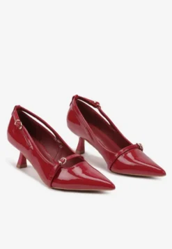 Bordowe Lakierowane Czółenka na Obcasie Stiletto z Ozdobnymi Paskami na Klamerki Rexilyn