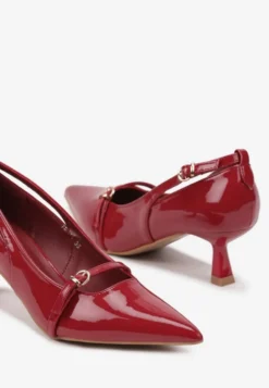 Bordowe Lakierowane Czółenka na Obcasie Stiletto z Ozdobnymi Paskami na Klamerki Rexilyn