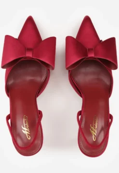 Bordowe Sandały Satynowe na Szpilce Slingback Ozdobione Kokardą Daemoris
