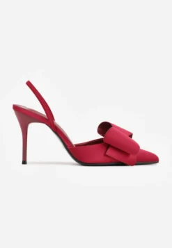 Bordowe Sandały Satynowe na Szpilce Slingback Ozdobione Kokardą Daemoris