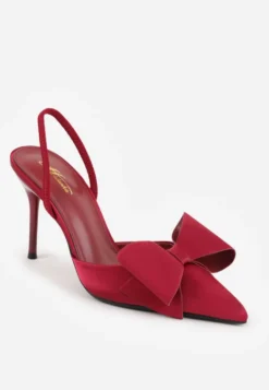 Bordowe Sandały Satynowe na Szpilce Slingback Ozdobione Kokardą Daemoris