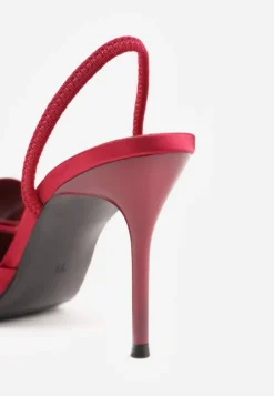 Bordowe Sandały Satynowe na Szpilce Slingback Ozdobione Kokardą Daemoris