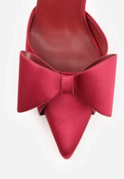 Bordowe Sandały Satynowe na Szpilce Slingback Ozdobione Kokardą Daemoris