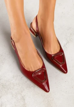 Bordowe Sandały Vices Typu Slingback na Niskim Obcasie ze Skórzaną Wkładką Geometryczną Ozdobą Lilienia