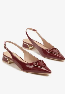 Bordowe Sandały Vices Typu Slingback na Niskim Obcasie ze Skórzaną Wkładką Geometryczną Ozdobą Lilienia