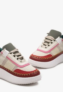 Bordowe Sneakersy na Platformie Ozdobione Tweedowymi Wstawkami i Cyrkoniami Eganna