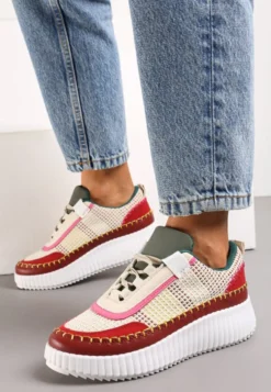 Bordowe Sneakersy na Platformie Ozdobione Tweedowymi Wstawkami i Cyrkoniami Eganna