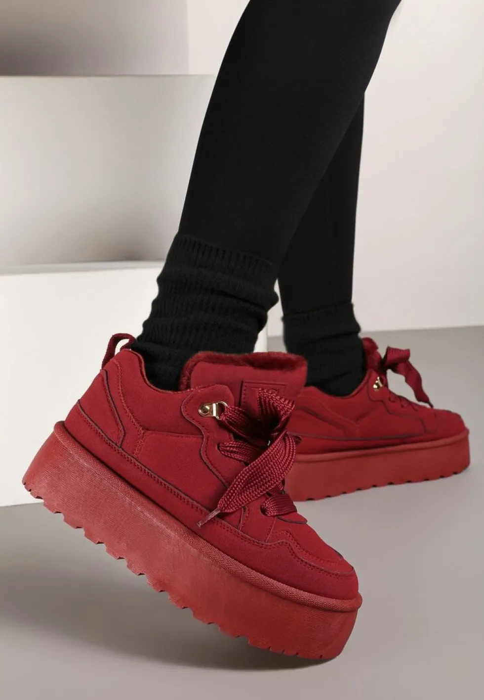 Bordowe Sneakersy Vices Stylizowane na Śniegowce na Platformie Obszyte Futerkiem Naleris