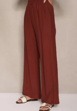 Bordowe Wiskozowe Spodnie Palazzo High Waist z Lnem Linaselia