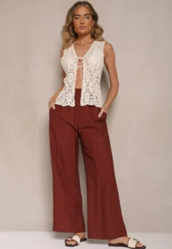 Bordowe Wiskozowe Spodnie Palazzo High Waist z Lnem Linaselia