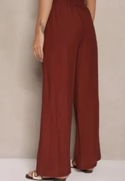 Bordowe Wiskozowe Spodnie Palazzo High Waist z Lnem Linaselia