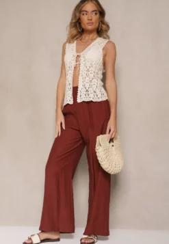Bordowe Wiskozowe Spodnie Palazzo High Waist z Lnem Linaselia