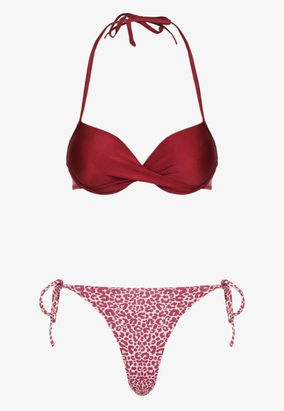 Bordowe Wiązane Bikini Biustonosz Halter i Majtki Figi Savadine