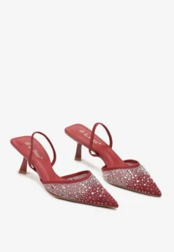 Bordowo-Czerwone Eleganckie Sandały na Obcasie Kaczuszka Bez Pięty z Cyrkoniami Elimira