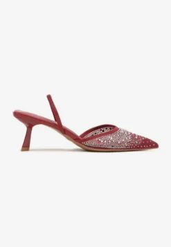 Bordowo-Czerwone Eleganckie Sandały na Obcasie Kaczuszka Bez Pięty z Cyrkoniami Elimira