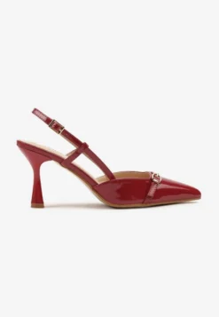 Bordowo-Czerwone Sandały Lakierowane Slingback Ozdobione Klamrą Novilora