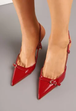Bordowo-Czerwone Sandały Lakierowane Slingback Ozdobione Klamrą Novilora