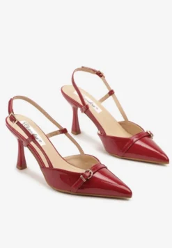 Bordowo-Czerwone Sandały Lakierowane Slingback Ozdobione Klamrą Novilora