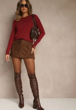 Bordowy Gładki Sweter w Minimalistycznym Stylu Tevra