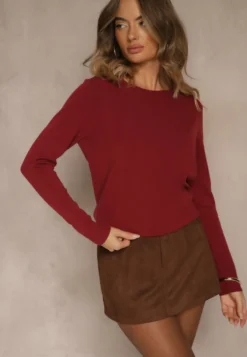 Bordowy Gładki Sweter w Minimalistycznym Stylu Tevra
