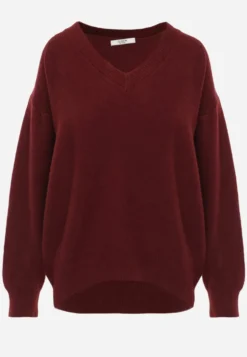 Bordowy Gładki Sweter z Bawełną o Kroju Oversize Conime