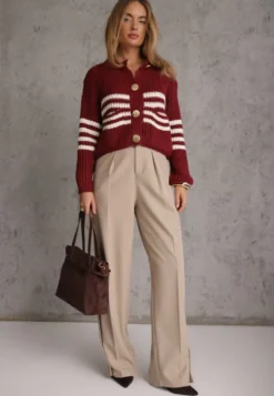 Bordowy Kardigan z Wełną w Paski w Stylu Eleganckim Pallem