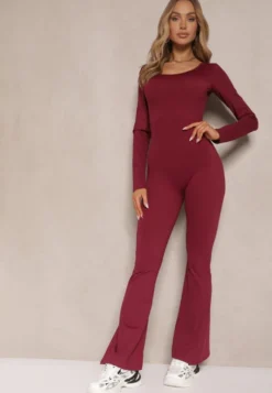 Bordowy Kombinezon Bodycon z Usztywnianymi Miseczkami i Wycięciami na Plecach Calinori