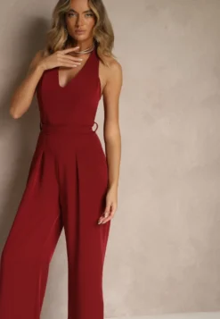 Bordowy Kombinezon o Taliowanym Kroju z Dekoltem Halter i Wiązanym Paskiem Malisena