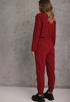 Bordowy Komplet Dresowy w Prążki Bluza Kurtka Rozpinana z Kołnierzykiem i Spodnie Lisulla