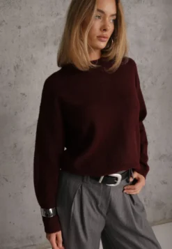 Bordowy Sweter Oversize z Bawełną i Wełną Typu Basic Oseani