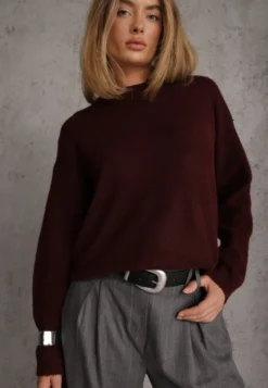 Bordowy Sweter Oversize z Bawełną i Wełną Typu Basic Oseani