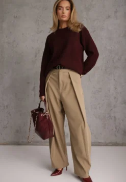 Bordowy Sweter Oversize z Bawełną i Wełną Typu Basic Oseani