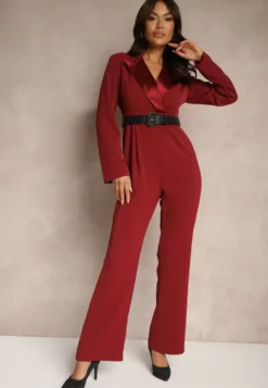 Bordowy Taliowany Kombinezon w Eleganckim Stylu z Szerokimi Nogawkami Etallina