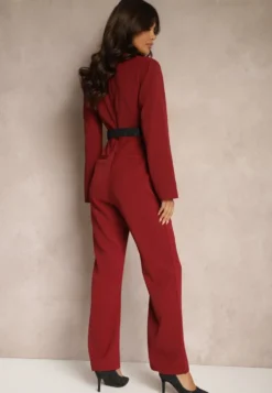 Bordowy Taliowany Kombinezon w Eleganckim Stylu z Szerokimi Nogawkami Etallina