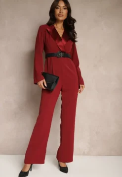 Bordowy Taliowany Kombinezon w Eleganckim Stylu z Szerokimi Nogawkami Etallina