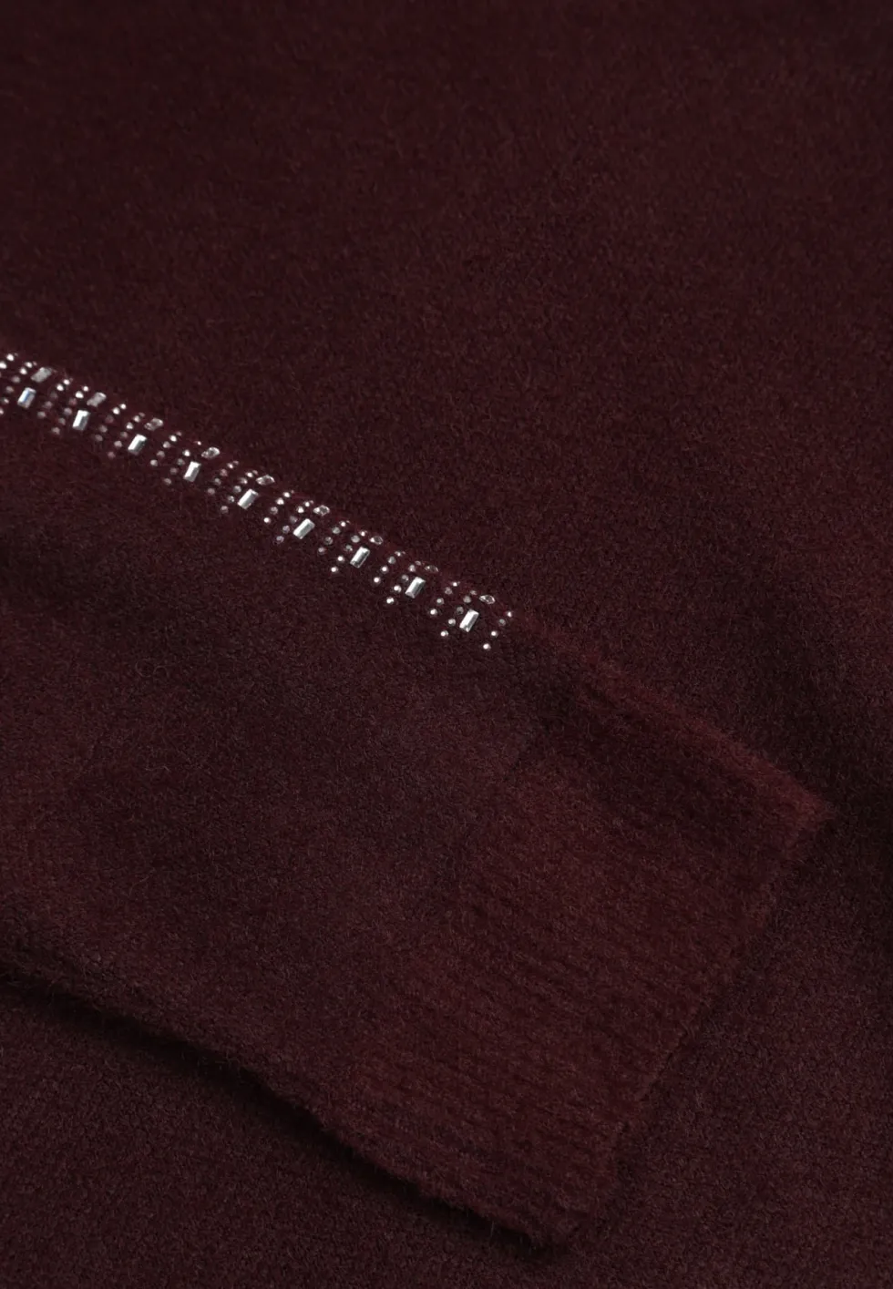 Bordowy Zimowy Sweter z Wełną Ozdobiony Cyrkoniami Tarsia