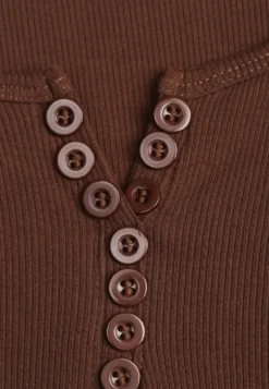 Brązowa Bawełniana Bluzka Longsleeve z Prążkowanej Tkaniny z Guziczkami Amandria