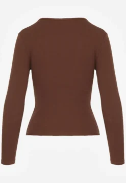 Brązowa Bawełniana Bluzka Longsleeve z Prążkowanej Tkaniny z Guziczkami Amandria
