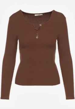 Brązowa Bawełniana Bluzka Longsleeve z Prążkowanej Tkaniny z Guziczkami Amandria
