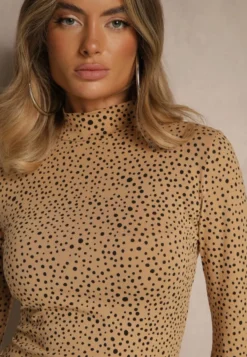 Brązowa Bawełniana Bluzka z Golfem Typu Longsleeve w Groszki Neatte